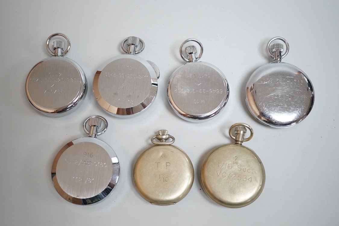 Seven assorted mainly late 20th century base metal cased military stopwatches, including three CWC and a Nero Lemania.